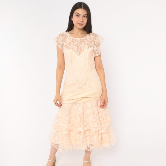 Peach Lace Dress 80s Drop Waist Sweetheart Neckline Sheer Floral Ruffle Skirt Blush Pink Romantic Garden Fairy Tea Party Whimsical Small S