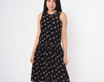 Vintage Floral Corduroy Dress 90s Black Button Up Pinafore Boho Midi Drop Waist Bohemian Sleeveless Jumper Dress Extra Small xs