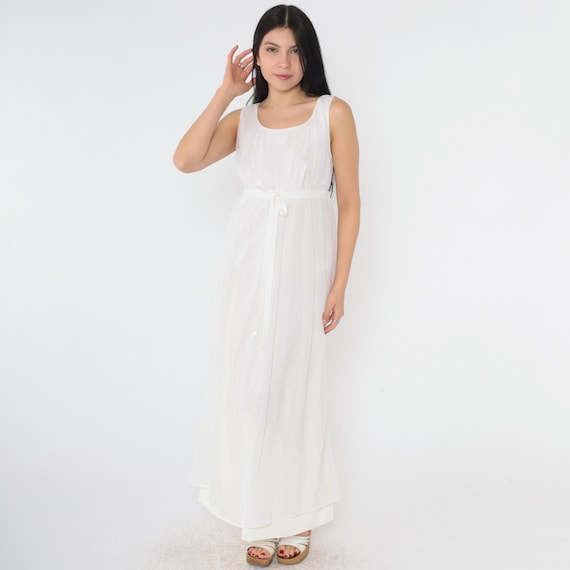 Vintage White Nightgown Dress 70s Nylon Chiffon Maxi Slip Lingerie 1970s Boho Romantic Pinup Nightie Drawstring Empire Waist Small S