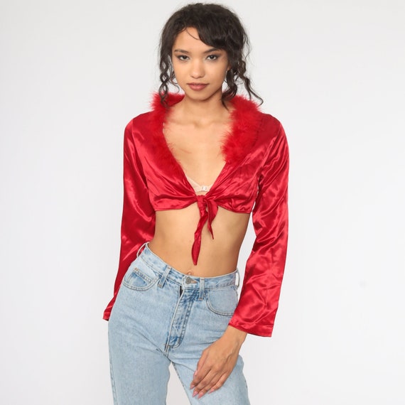 Satin CROP TOP Feather Trim Shirt Vintage Y2K Shirt Club Party Red Shirt Long Sleeve 00s Cropped Shirt Cropped Top Tie Waist Small