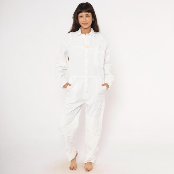 White Coveralls 2000s Zip Jumpsuit Cotton Utility Workwear Boilersuit One Piece Elastic Cuff Collar Gorpcore Uniform Flight Suit Small S