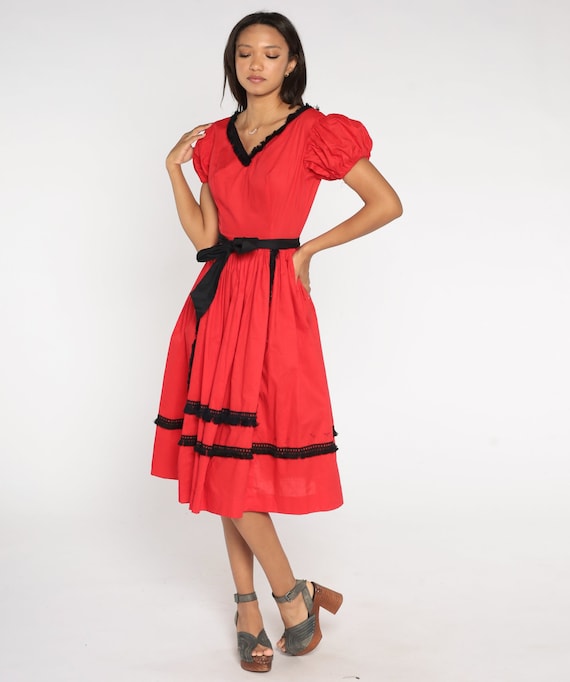 60s Puff Sleeve Dress Red Country Square Dance Dress Cottagecore Midi Hippie V Neck Fringe High Waist Apron Vintage 1960s Extra Small xs