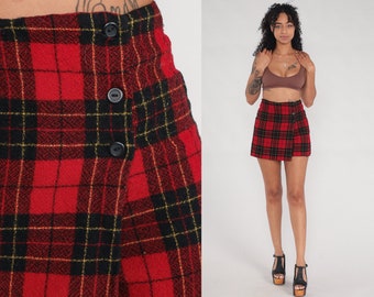 Plaid Mini Skort 00s Red School Girl Skirt Wool Tartan High Waisted Unlimited Black Preppy Checkered Retro Vintage Lolita Y2K Extra Small xs