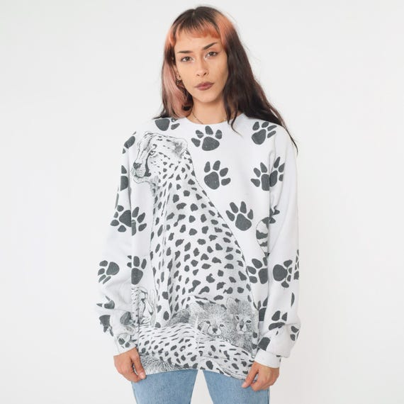 90s Leopard Sweatshirt Big Cat Graphic Sweatshirt Crewneck Jungle Animal Wildlife Baby Animal Print Retro Black White Vintage 1990s Large