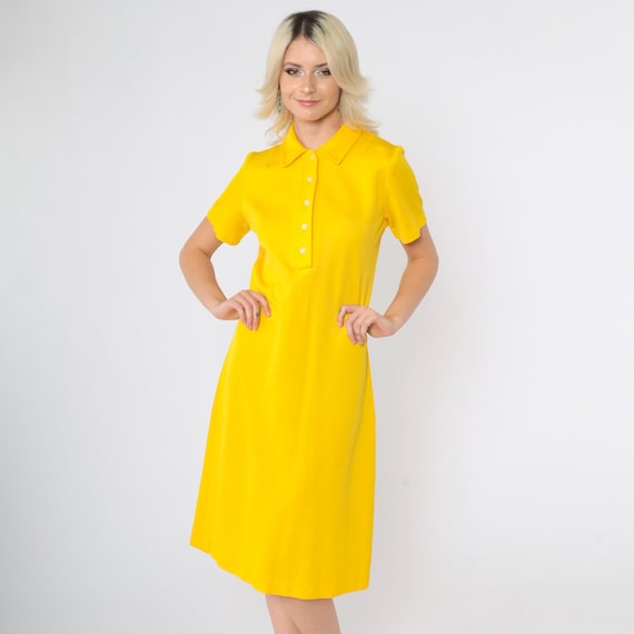Vintage Mod Midi Dress 60s Yellow Collar Shift Button Up Retro Short Sleeve Shirtdress Boho 1960s 70s Belted Bright Medium M