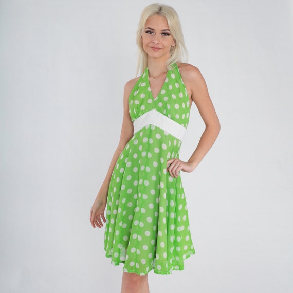 Polka Dot Halter Dress 70s Mini Dress Green Babydoll Day Sun Empire Waist Sleeveless Summer Sundress Vintage 1970s V Neck White Small
