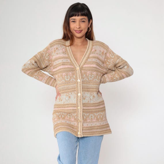 90s Gold Floral Cardigan Sweater Vintage Metallic Pointelle Knit Boho Button Up Openwork V Neck Abstract Tan Retro 1990s Small S
