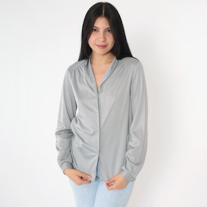 Vintage 80s Grey Blouse Plain Long Sleeve Top Button Up Shirt Collared 1980s Basic Medium M