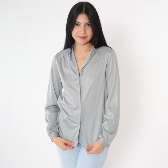 Vintage 80s Grey Blouse Plain Long Sleeve Top Button Up Shirt Collared 1980s Basic Medium M