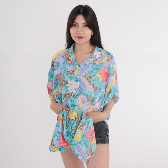 90s Tropical Blouse Leopard Floral Shirt Button Up Shirt Animal Print Jungle Shirt 1990s Top Surfer Turquoise Short Sleeve Plus Size 2x xxl