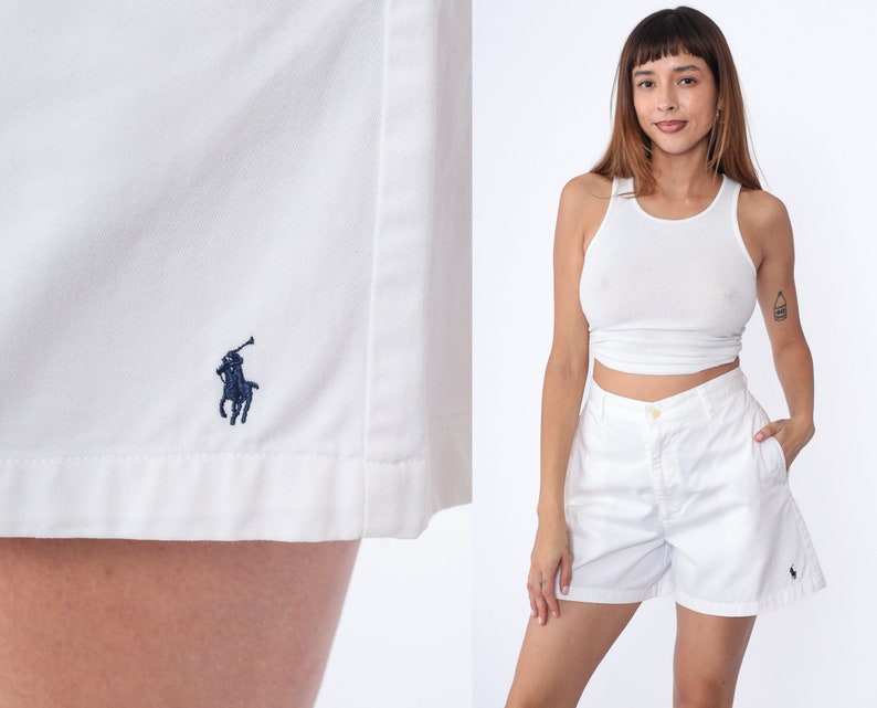 Vintage Ralph Lauren Shorts 90s White Shorts Preppy High Waist Trouser Shorts Cotton Pocket Retro 1990s Polo Shorts Small 28 Size 10 image 1