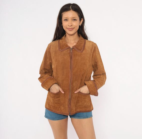 Crochet Trim Suede Jacket 2000s Brown Leather Zip Front Collared Coat Tan Chestnut Western Whipstitch Cuffed Sleeve Bohemian Vintage Large L