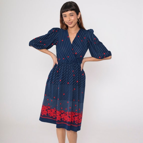 70s Midi Wrap Dress Navy Blue Polka Dot Striped Boho V Neck Floral Red High Waisted Puff Sleeve 1970s Boho Vintage Bohemian Small