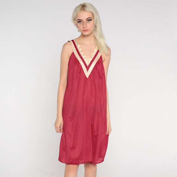 70s Nightie Raspberry Red Mini Slip Dress Sleeveless V Neck Nightgown Pajamas Lingerie Dress Low Back Boho Tent Lounge Vintage 1970s Large L
