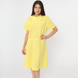 60s Yellow Mod Dress Ribbed Polyester Knit High Waist Day Dress Knee Length Mini Retro Plain Vintage Sixties Twiggy 1960s Short Sleeve Large