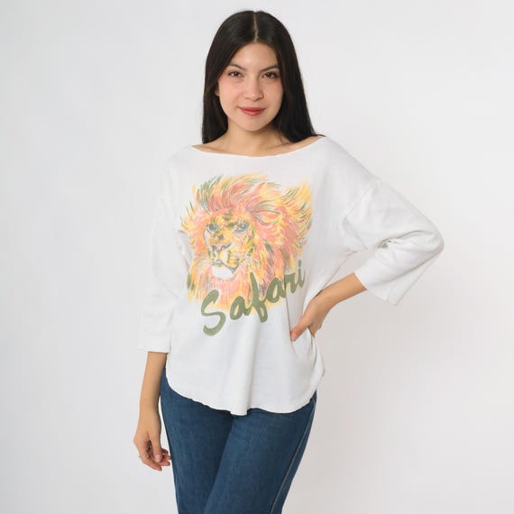 Vintage Lion Shirt 80s Safari Graphic White Cotton Pullover Crew Neck Wild Animal Print Top Wildlife Jungle Safari Graphic Tee Large L
