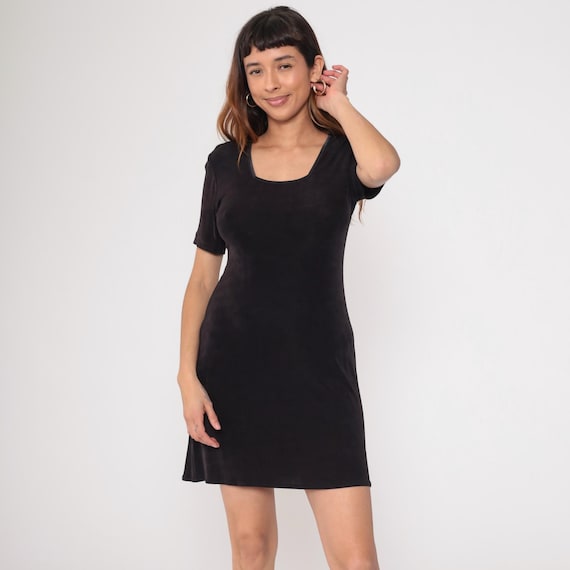 Black Mini Dress 90s Bodycon Short Sleeve Vintage Minimalist Fitted Club Party LBD Cocktail Wiggle Date Night Evening Spandex Medium M