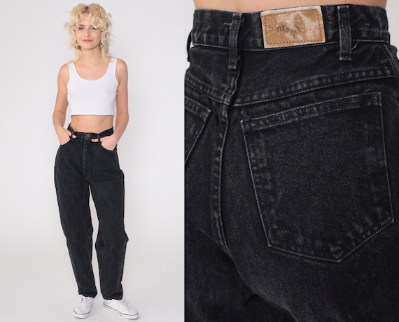 Tapered Black Jeans 90s Relaxed Mom Jeans High Waisted Rise Denim Pants Slim Leg Retro Vintage 1990s Cotton Five Pocket Small 6 27