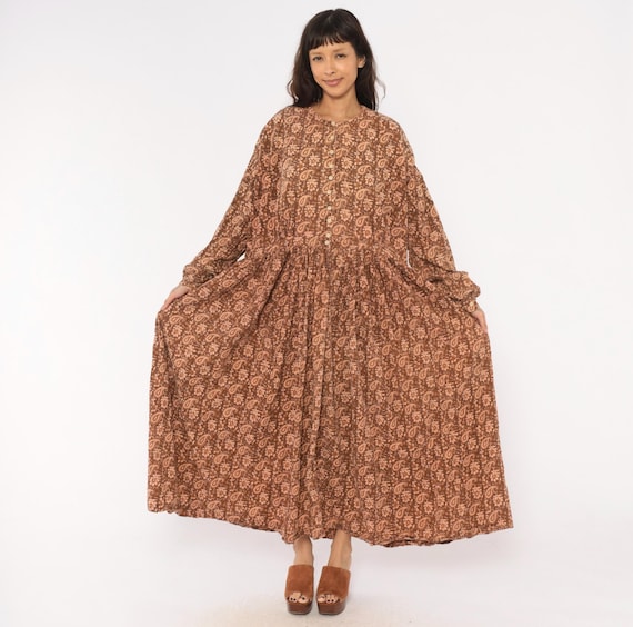 90s Paisley Print Dress Cotton Button Front Long Sleeve Floral Prairie Rose Brown Cottagecore Hippie Bohemian Witchy Balloon Cuff Large L