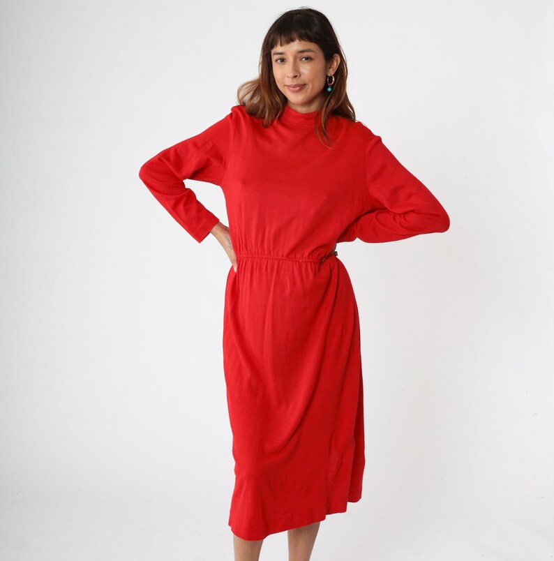 Plain Red Dress 80s Mock Neck Midi Dress Plain Low Elastic Waist Secretary 1980s Vintage Long Sleeve Solid Shift Basic Medium image 3