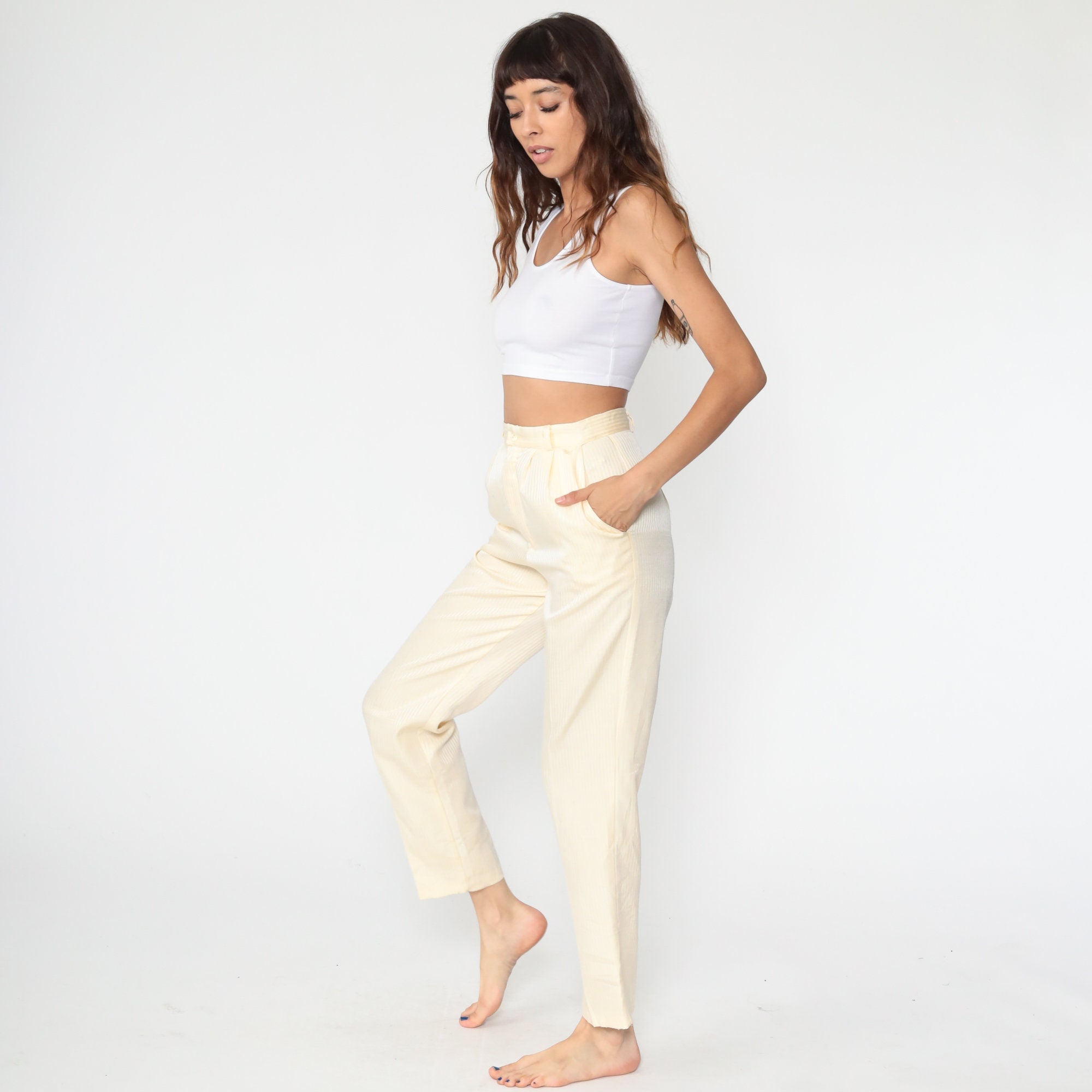 Tapered Pants 26 -- Yellow Striped Trousers 80s Mom Pants High Waisted Vintage Hipster 1980s