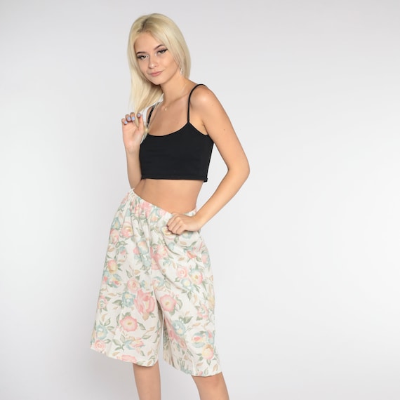 90s Floral Shorts White Linen Blend Culotte Shorts Retro High Waisted Wide Leg Shorts Loose Pastel Summer Bottoms Vintage 1990s Medium 11