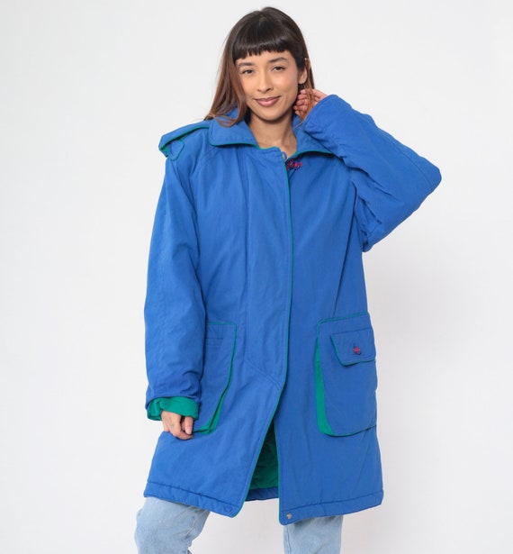 Blue Coat 80s Quilted Lining Jacket Lined Insulated Button up Warm Jacket Storm Shield Cargo Pocket Epaulette Long Vintage 1980s Medium M