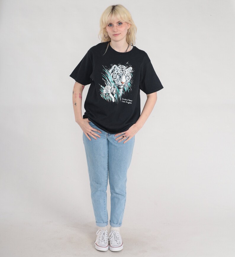 White Tiger Shirt Y2K Glitter T-Shirt Extinction is Forever Wildlife Graphic Tee Las Vegas Sparkly Animal Tshirt Vintage 00s Black Medium image 3