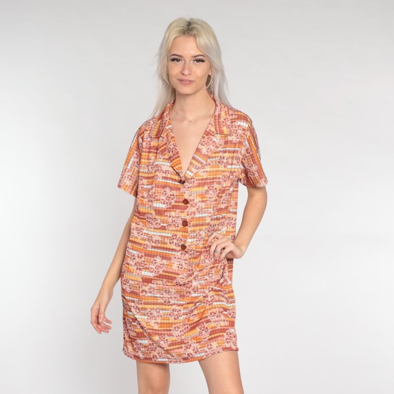 Mod Shift Dress 70s Mini Dress Checkered Striped Floral Print Shirtdress Button Snap Up Short Sleeve Retro Pink Orange Vintage 1970s Large L