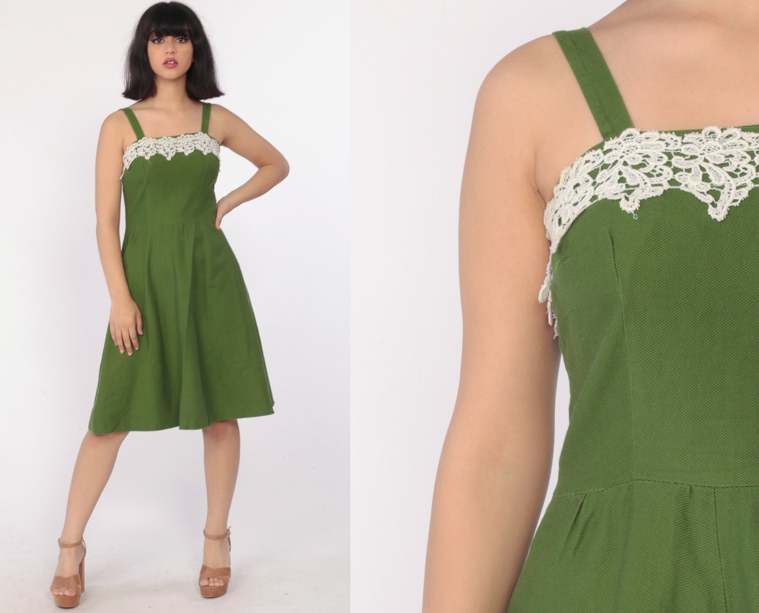 Green Sundress 1960s Dress FLORAL LACE Garden Party 60s Cotton Day Sun