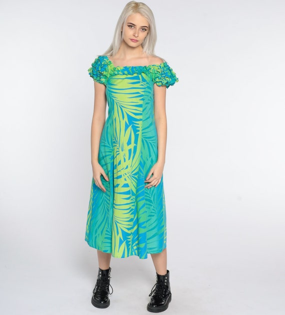 70s Hawaiian Dress Ruffle Sleeve Dress Green Blue Tropical Dress Shift Midi Dress Palm Tree Hippie Boho Vintage 1970s Bohemian Small xs s