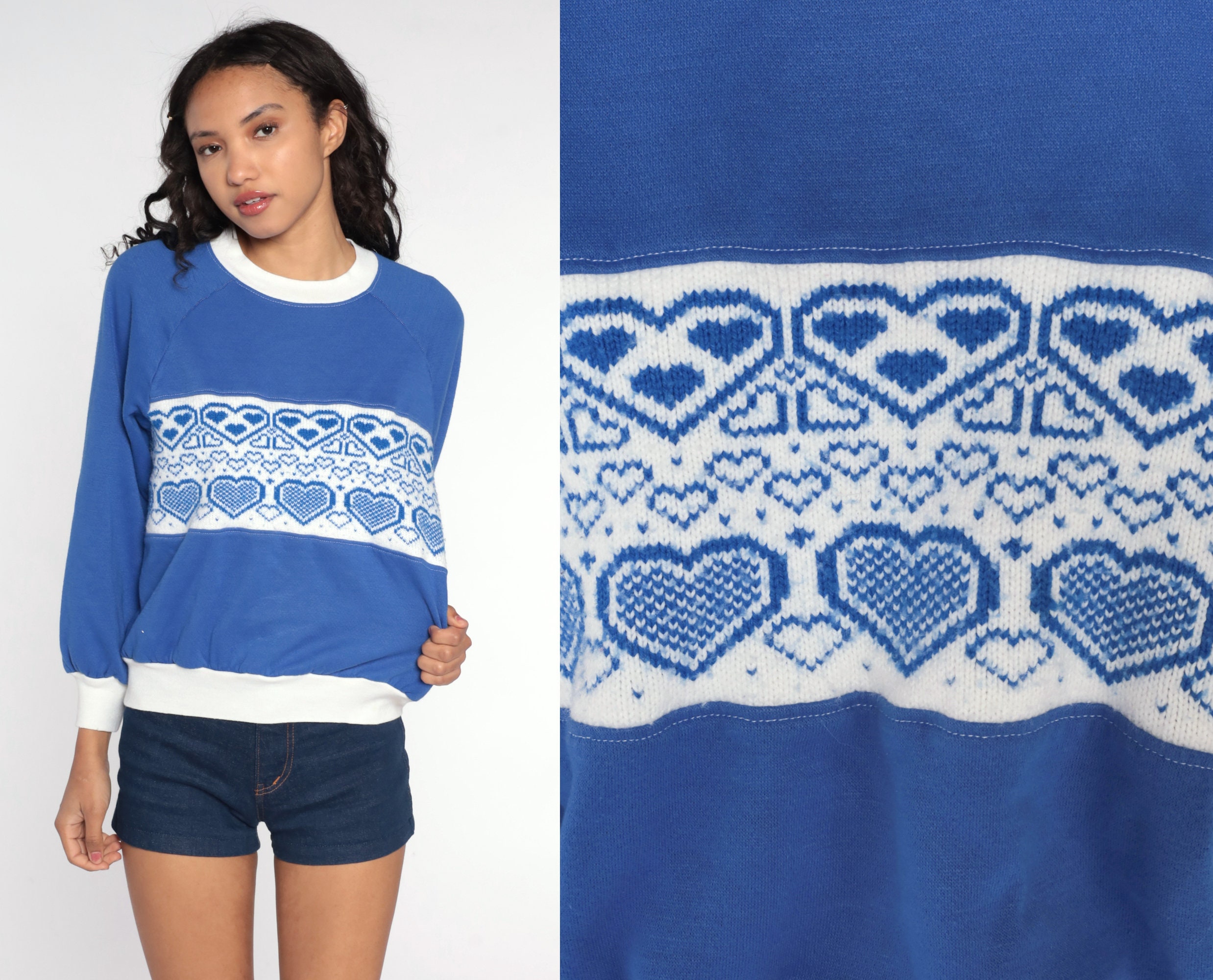 Heart Sweatshirt Blue Sweater 80s Novelty Slouchy Kitsch Pullover ...