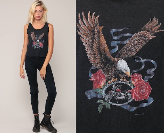 Biker Tank Top 80s Eagle Shirt Camisole Lace Motorcycle Newcastle California Rose Shirt Vintage 1980s Black Rocker Medium
