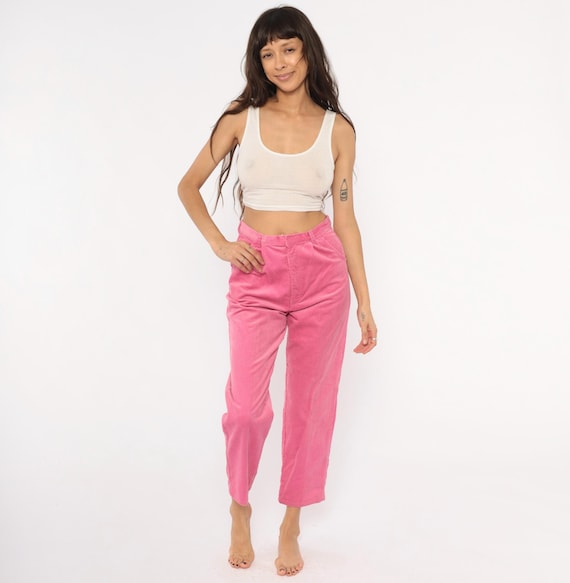 Pink Corduroy Trousers 90s Tapered Pants High Waisted Rose Pleated Front Snap Closure Cropped Bubblegum Barbiecore Coquette Vintage Small S
