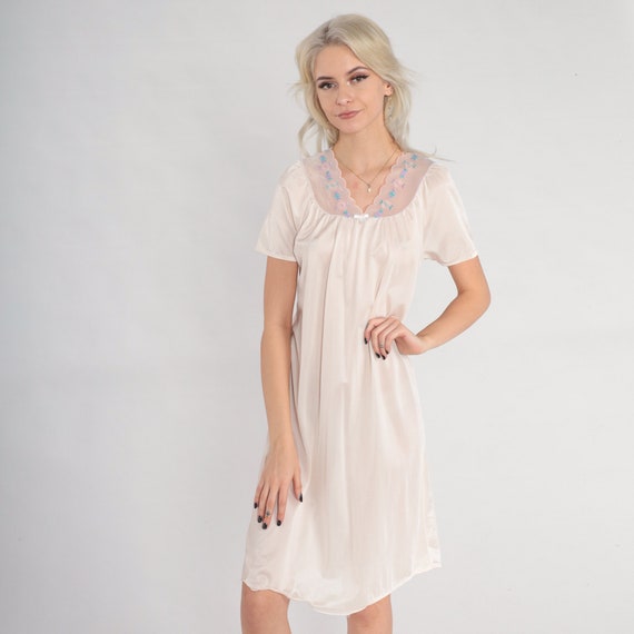 Pink Nightgown Y2K Lingerie Mini Dress Floral Embroidered Mesh Trim Nightie Retro Sleepwear Short Sleeve Sleep Cute Nylon Vintage 00s Small