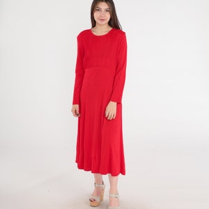 Plain Red Dress 80s Midi Bright Day Dress Pleated High Waisted Secretary 1980s Vintage Long Sleeve Plain Basic Casual Medium image 2