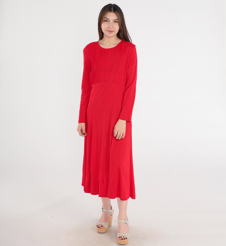 Plain Red Dress 80s Midi Bright Day Dress Pleated High Waisted Secretary 1980s Vintage Long Sleeve Plain Basic Casual Medium image 2