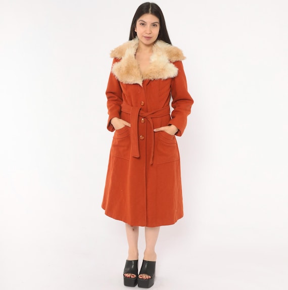 70s Wool Rust Faux Fur Collar Coat Belted Trench Burnt Orange Button Front Copper Terra Cotta Rockstar Grunge Winter Jacket Vintage Small S