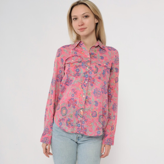 Y2K Ralph Lauren Floral Shirt Pink Blue Botanical Paisley Button Front Long Sleeve Chest Pockets Cotton Coquette Preppy Equestrian Small S