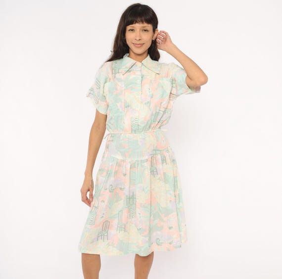 80s Pastel Novelty Print Dress Pink Teal Collar Short Sleeve Gathered Waist Cotton Pattern Tropical Leaf Chair Quirky Eclectic Shirt Small S
