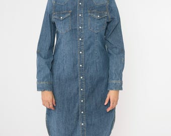 Vintage Denim Western Dress Y2k Pearl Snap Button Up Jean Dress Sheath Collared Shirtdress Retro Long Sleeve Blue Cotton Plain 00s Medium