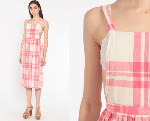 Apron Dress Pink Plaid Jumper Midi Dress 70s Pinaf