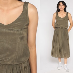 Metallic Bronze Dress Y2K Midi Dress Sleeveless Pleated Skirt High Drawstring Waist Sun Dress Party Formal Glam Blouson Vintage 00s Small S
