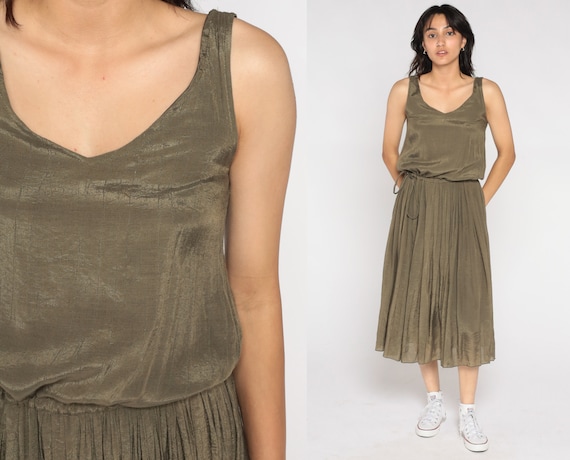 Metallic Bronze Dress Y2K Midi Dress Sleeveless Pleated Skirt High Drawstring Waist Sun Dress Party Formal Glam Blouson Vintage 00s Small S