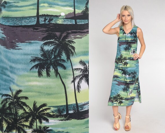 90s Tropical Dress Blue Green Palm Tree Midi Dress Hawaiian Beach Surfer Print Summer Sundress Sleeveless Tank Vintage 1990s Extra Small xs