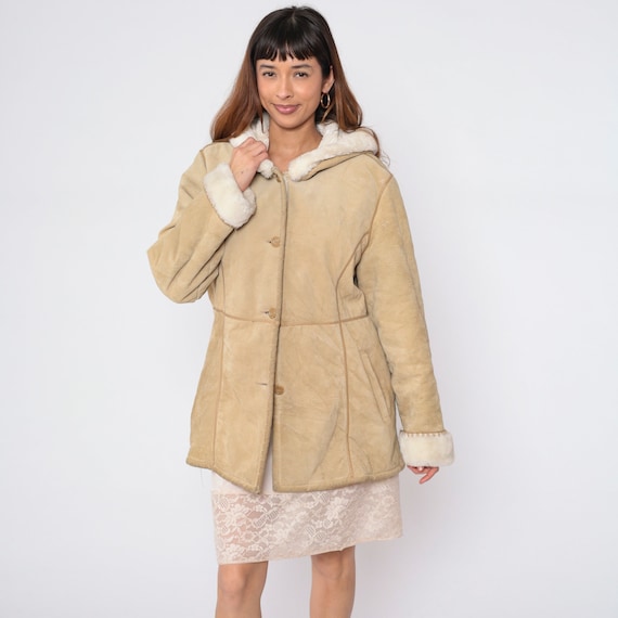 Suede Sherpa Jacket Y2K Hooded Leather Jacket Tan Shearling Coat Button up Hippie Boho Penny Lane Fall Light Brown Retro Vintage 00s Large L
