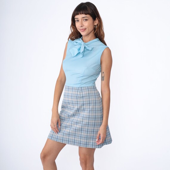 70s Mini Dress Plaid Ascot Bow Dress 60s Mod Baby… - image 4