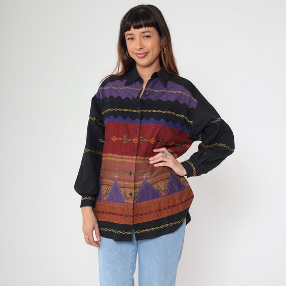Vintage Geometric Button Up Shirt 90s Black Indian Blouse Boho Hippie Abstract Print Long Sleeve 1990s Bohemian Top Small S