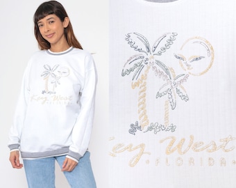 Key West Florida Sweatshirt 90s White Graphic Beach Palm Tree Pullover Sweatshirt 1990s Vintage Sun Retro Tourist Destination Ringer Large L