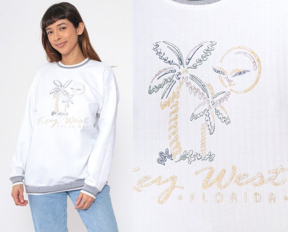 Key West Florida Sweatshirt 90s White Graphic Beach Palm Tree Pullover Sweatshirt 1990s Vintage Sun Retro Tourist Destination Ringer Large L